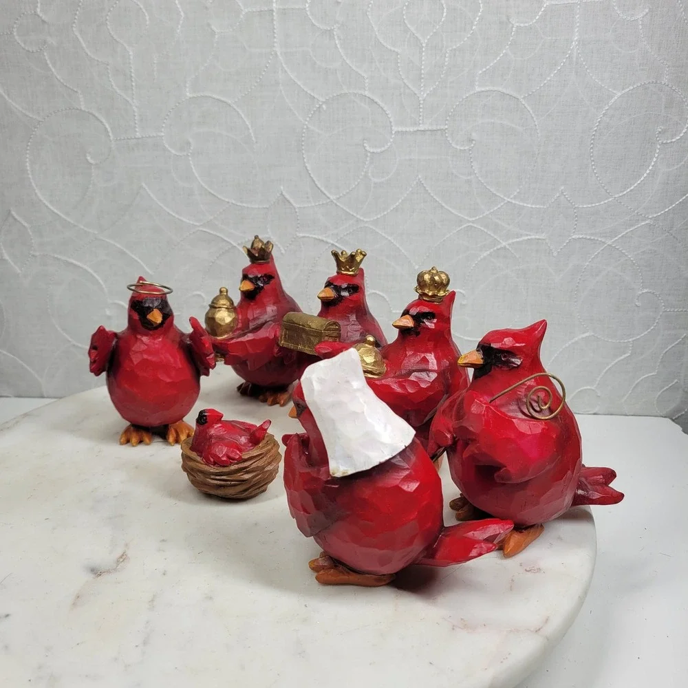 Slifka Cardinal Nativity 7 Pc Set Red Resin Christmas Birds Decor Folk Art